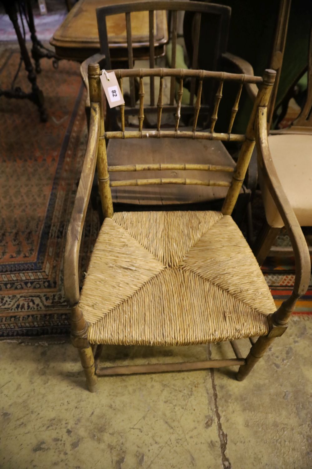 A Regency simulated bamboo elbow chair, George III provincial elbow chair and 3 others